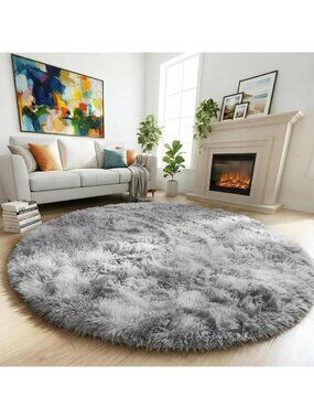 〽️Tie-Dyed Grey Fluffy Round Rug 4Ft Bedroom Dorm Office Shaggy Plush Carpet